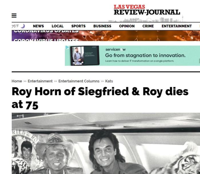 当地时间5月8日，《拉斯维加斯评论报》刊登了罗伊·霍恩去世的消息。图片来源：《拉斯维加斯评论报》网站截图。